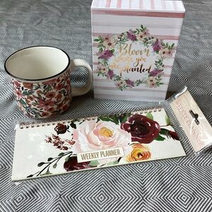 Inspirational floral gift bundle NWT - floral mug, Bloom sign & weekly planner